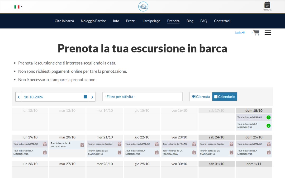 Calendario di prenotazione delle escursioni in barca