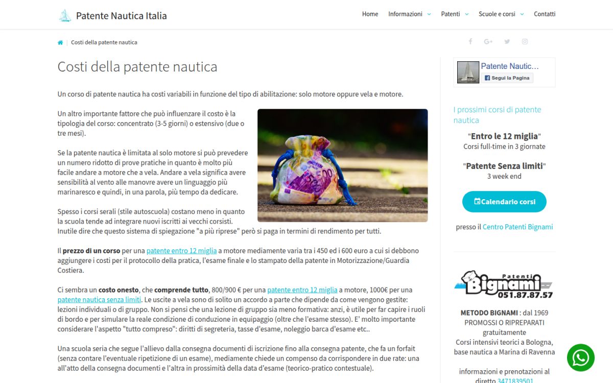 Pagina informativa sui costi della patente nautica